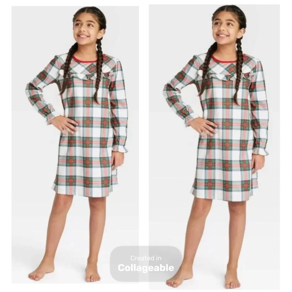 WONDERSHOP Girls Christmas Nightgown Lot Set Pajama Tartan Plaid Dress‎ NEW 8 10